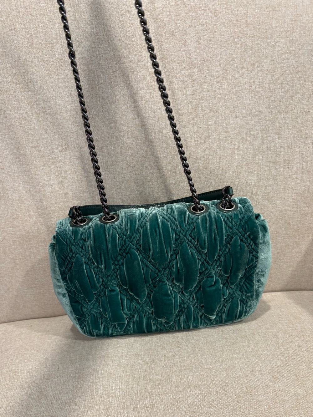 Tory Burch Velvet-Trim Teal Shoulder Bag - Picture 3 of 6